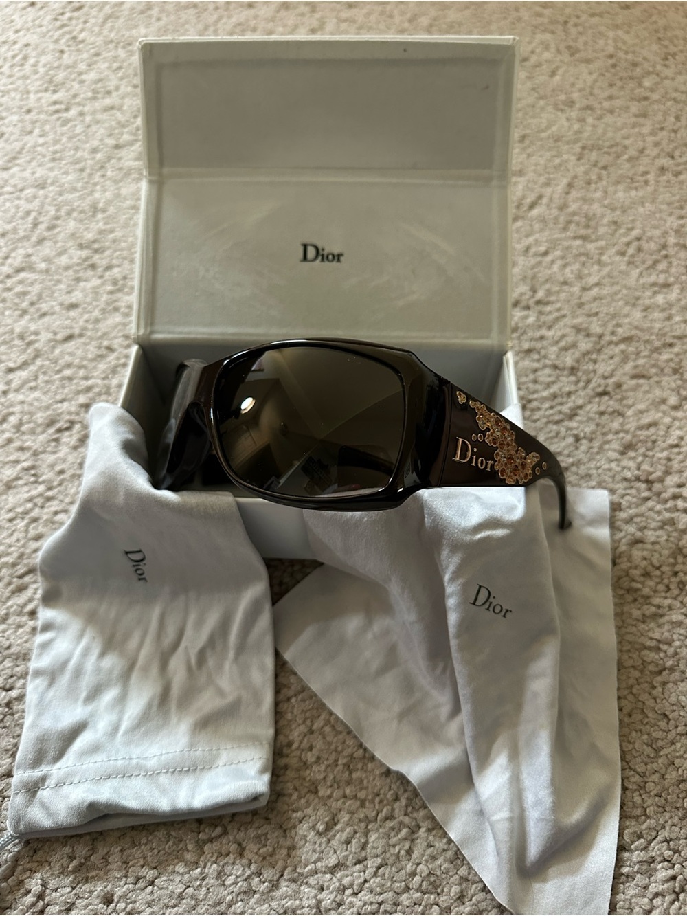 Dior Strassy Sunglasses in dark brown with gold and Swarovski crystal accent